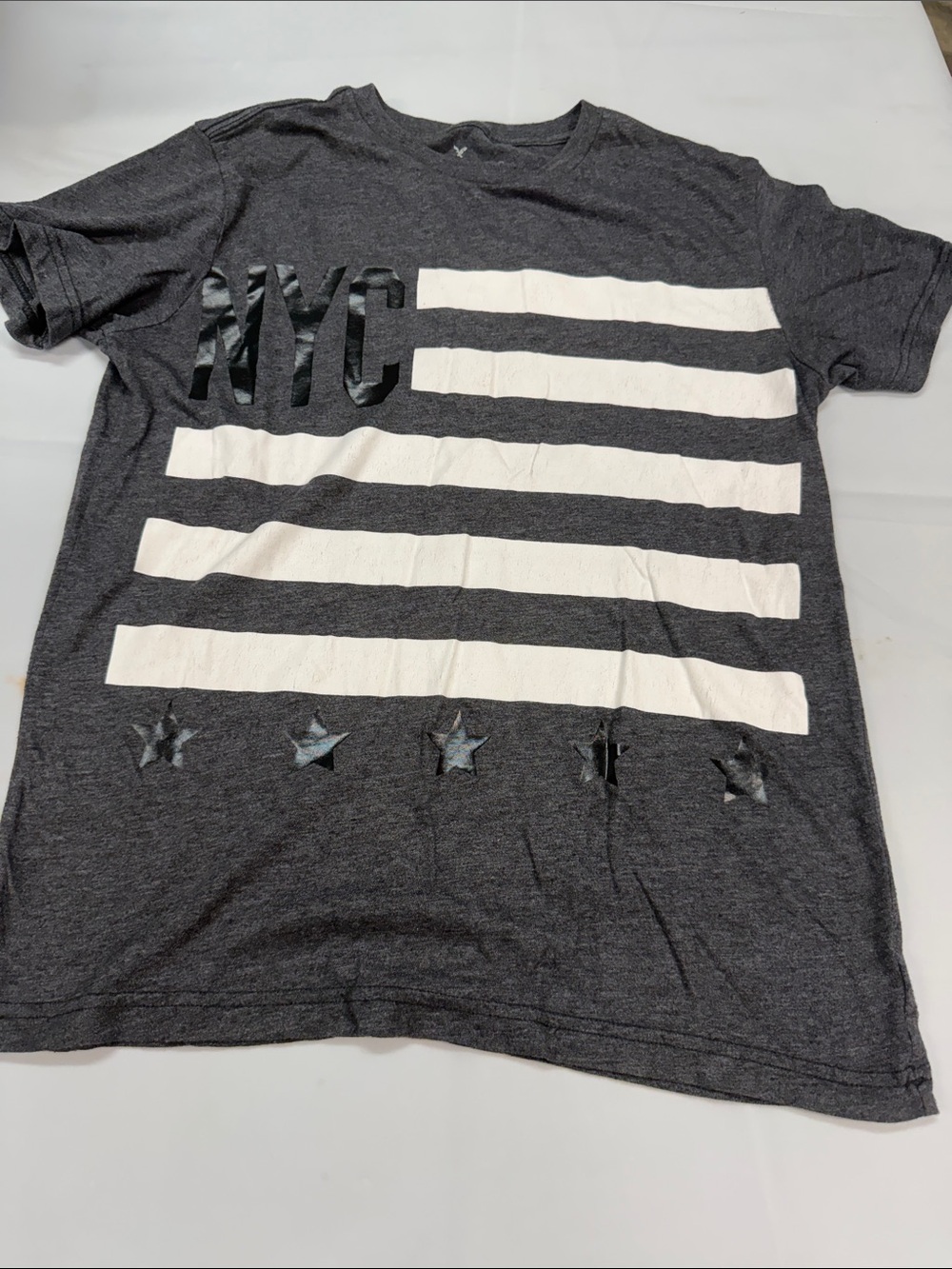 American Eagle Outfitters Charcoal Tee with White Stripes & NYC Graphic